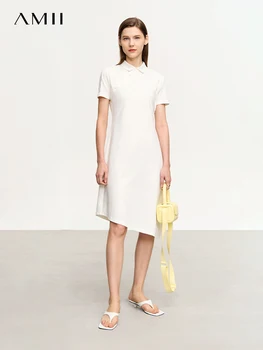 AMII Minimalizmas Kinų stiliaus moteriška suknelė 2023 m. Vasaros apsisukimas Apykaklė Plonas biuras Lady Black Solid Female Vestidos 12322135