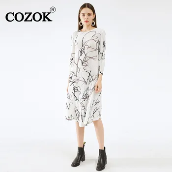 COZOK Niche Plisuota laisvalaikio suknelė 2024 Nauja pavasarinė aukšta juosmens temperamento atspausdinta O-Neck A-line suknelės iki kelių FemaleWT684