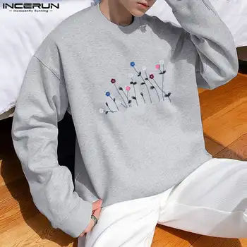 INCERUN Tops 2023 Korėjietiško stiliaus nauji vyriški siuvinėti lipdukai Megztinis su gobtuvu Casual Fashion O-neck džemperiai ilgomis rankovėmis S-5XL