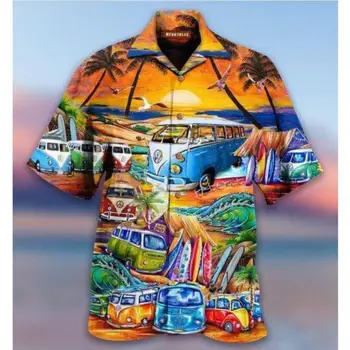 2023 Vyriški havajietiški marškiniai Juokingi automobilio atspaudo marškiniai vyrams Vintažinė mada trumpomis rankovėmis vyriški drabužiai Gatvės drabužiai Suknelė Apversta palaidinė