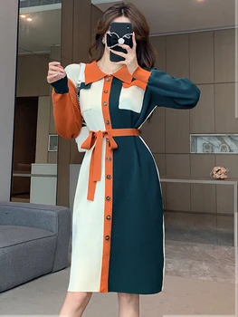 Kontrastinis susiuvimas Megzta suknelė Moteriškas atlapas ilgomis rankovėmis Ruduo Naujo korėjietiško stiliaus gatvės drabužiai Laisvalaikio laisva elegantiška vakarėlio suknelė