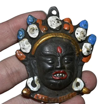 6CM Senasis Tibeto bronzinis paveikslas Mahakalos rūstybės dievybės Budos galvos amuleto pakabukas