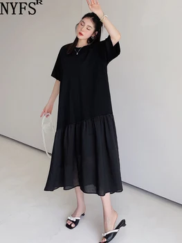 NYFS 2023 Summer New Korea Woman Dress Vestidos Robe Elbise Loose Plus Size Patchwork Mesh Hem trumpomis rankovėmis ilgos suknelės