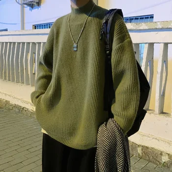 korėjietiško stiliaus rudens ir žiemos tinginio stiliaus laisvo plyšio apvalaus kaklo megztinis vyrams vienspalvis megztinis su apačia vyrams