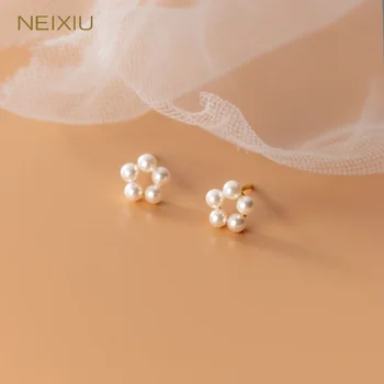 Neixiu 925 svarų sterlingų korėjietiško sintetinio perlo tuščiavidurių gėlių auskarai moterims Mergaitė Saldžių papuošalų dovanų didmeninė prekyba