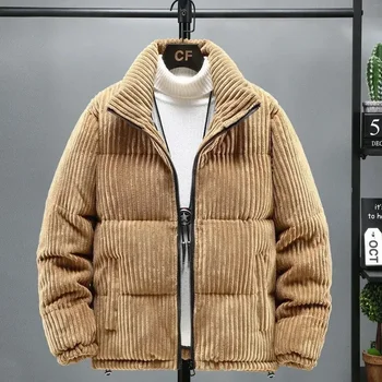 Žieminiai vyriški drabužiai Stora šilta velvetinė pūsta striukė Parka Vintage Casual Loose Stand Collar Zipper Medvilninis paminkštintas paltas