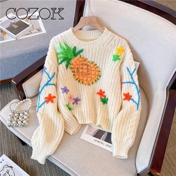 COZOK 2023 Žiema Naujas O-kaklas 3D ananasų gėlių siuvinėjimo megztinis Moteriškas laisvas megztukas