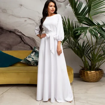 WYWMY Vintage Bow Tie Maxi Long White Dress Women Lantern Sleeve Elegant Bandage Dress 2023 Solid O Neck Boho Floor-Length Dress