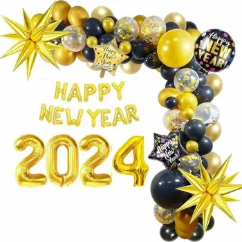 1Set Gold Black Balloon Garland Arch 2024 Laimingų Naujųjų metų balionų arkos rinkinys namų Kalėdoms Naujųjų metų latekso balionai