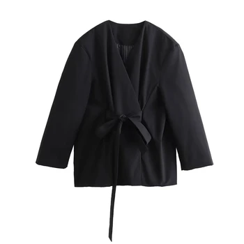 TRAF nailoninis Kimono švarkas moterims Juodas laisvalaikio V formos kaklas Apvyniotas surištas paltas Moteriškos vintažinės striukės ilgomis rankovėmis Laisvi gatvės drabužiai Blazer