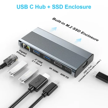 6 in 1 m2 NVME NGFF SSD korpusas USB adapteris USB 3.1 Gen 2 10Gbps SSD skaitytuvas su HD 4K 1000M LAN PD100W USB HUB NVMe dėklas