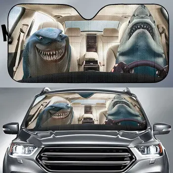 Funny Shark Family Driving Sea Animal Car Sunshade Priekinio stiklo langas, Dovana ryklių mylėtojui, Automobilio priekinis stiklas Patvari medžiaga Auto