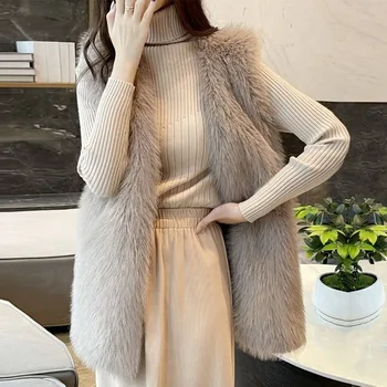 Luxury Fashion Women Medium Long Faux Fox Fur Liemenė Rudens žiemos berankovės netikros kailinės liemenės
