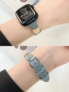 Cute Bear Denim Leather Dirželis Apple Watch Band 49Ultra2 38/42mm 6SE 5 4 3 Apyrankė Iwatch 7 8 40/44/41/45mm Correa Loop