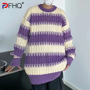 PFHQ Rudens žiemos kontrasto spalvų megztiniai Vyriškas dryžuotas universalus megztinis Amerikietiški gatvės drabužiai apvaliu kaklu keiksmažodis 21Z3358