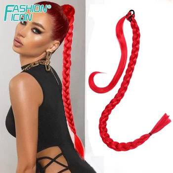 Pasidaryk pats Ponytail Extensions Synthetic Boxing Braids Ponytail Wrap Bun with Elastic Rubber 34Inch Hairpiece for Women Red Ponytail