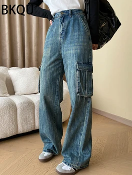 BKQU Mėlyni džinsai aukštu juosmeniu Moterys 2023 Fashion American Flap Pockets Straight Wide-Leg Denim Pants Y2K Streetwear Baggy Kelnės