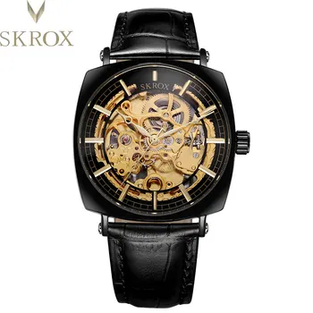 SKROX Luxury Square Transparent Skeleton Automatic Mechanical Men Watch Vintage Gold Butterfly Buckle natūralios odos dirželis
