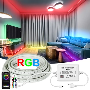 LED juostiniai žibintai RGB 220V 5050 lanksti juosta Led juostelė Tuya WiFi / Bluetooth / nuotolinio valdymo pultas Neperšlampamas IP67 lauko apdaila