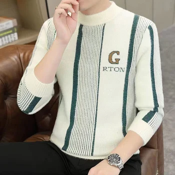 Fashion Stand Collar Dryžuotų laiškų siuvinėjimo megztiniai Vyriški drabužiai 2023 Žieminiai laisvi megztiniai Laisvalaikio megztiniai Korėjos viršūnės
