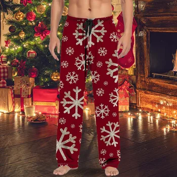 Vyriškos kalėdinės laisvalaikio pižamos kelnės su raišteliu ir kišenėmis Šeimos vakarėlis Laisvos minkštos eglutės atspausdintos tiesios kelnės