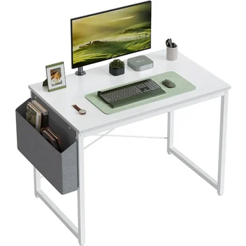 Cubiker Computer Desk 32 colių namų biuro rašymo studijų stalas, modernus paprasto stiliaus nešiojamojo kompiuterio stalas su laikymo krepšiu, baltas metalas