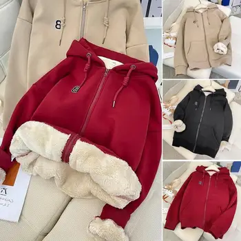 Šiltas žieminis džemperis su gobtuvu Jaukus Unisex paltas su gobtuvu su pliušinėmis kišenėmis Elastinis rankogalių rudeniui Žieminis minkštas šiltas užtrauktukas Užtrauktukas moterims