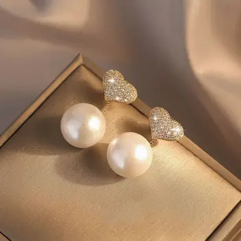 ZOSHI Korėjiečių naujo dizaino perlų auskarai moterims Pilnas kalnų krištolas Kibirkščiuojanti meilė Širdies auskarai Vestuviniai papuošalai Auskarai Dovana