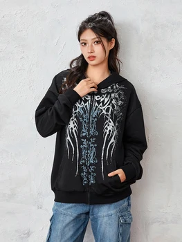 Women Retro Graphic Black Zip Up Hoodie Oversized Y2K Grunge Jacket džemperis ilgomis rankovėmis su gobtuvu paaugliams gatvės apranga