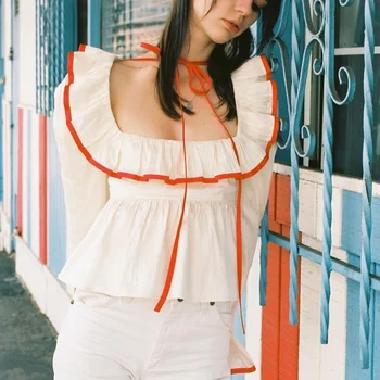 Vintažinės palaidinės moteriškiems marškiniams prancūziška mada 2022 ruffle top elegantiškos palaidinės ilgomis rankovėmis moteriški laisvalaikio marškiniai kvadratinis kaklas