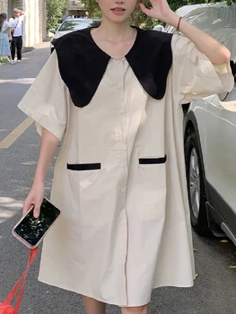 Sweet Casual Loose Cardigan Princess Mid-Calf Women Dress Japanese Summer Khaki Peter Pan Collar Long Dress Refreshing Dresses