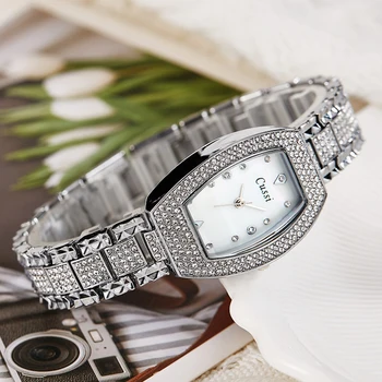 Auksinis laikrodis moterims Kvarcinis rankinis laikrodis Vintage White Dial Tonneau OVal Shape Clock Fashion Rhinestone Diamond Reloj