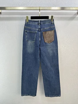 nauji rudens ir žiemos džinsai aukštu liemeniu, liekninantys klasikiniai džinsiniai mėlynos spalvos, aukščiausios klasės madinga odinė kišenė