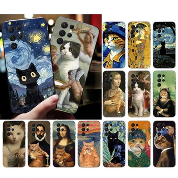 Van Gogh Gustav Klimt Mona Lisa Fun Cat telefono dėklas, skirtas Samsung A52S A21S A33 A23 A13 A14 A32 A52 A53 A54 A51 A71 M51
