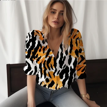 Summer New Ladies Shirt Leopard Pattern 3D Printed Ladies Shirt Wild Casual Style Ladies Shirt Fashion Trend Ladies Shirt