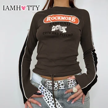 IAMHOTTY Vintage Contrast Color Print Y2K marškinėliai Rudi Harajuku dryžuotos ilgomis rankovėmis Tops Street Style Grunge Casual Pullovers