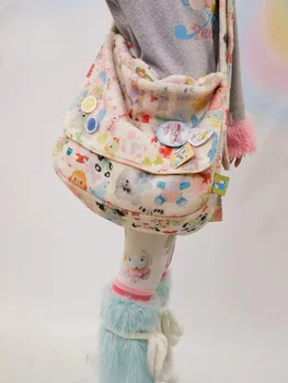 Japonų Harajuku Vintage Lamb Fleece Cartoon Printed Crossbody Bags Winter High Capacity Girls Casual Shoulder Bags Ins