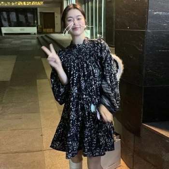 SuperAen Ruduo Naujas korėjietiškas stilius Retro stovo apykaklė Mados spauda Gėlių dizaino žibinto rankovės suknelė Moteriška laisvo juosmens suknelė