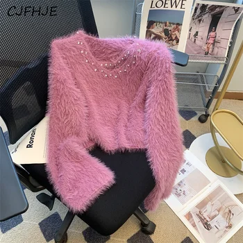 CJFHJE New Women Imitation Mink Velvet Unique V-Neck Beaded Sweater French Fashion Women's Sweet Solid Color Pullover Sweater