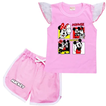 Fashion Summer Girls Baby Clothing Disney Mickey Minnie Mouse Set Short Sleeve Children Casual Cartoon Print Tops+Shorts Set