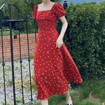 Kvadratinis kaklas marginta raudona suknelė aukštu liemeniu vintažinėmis burbulinėmis rankovėmis šifono suknelė moteriški drabužiai Slim Fit