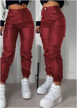 Seksualios PU odinės kelnės aukštu juosmeniu Moterų mada Y2K Gatvės drabužiai Vintage Slim Casual Pants Button Patch Kišeninės kelnės Gatvės drabužiai