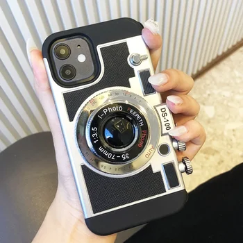 Prabangus 3D retro fotoaparatas Kieto kompiuterio telefono dėklas, skirtas iPhone 15 14 13 12 11 Pro Max Plus smūgiams atsparus galinis dangtelis su dirželiu