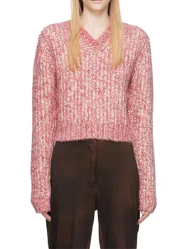 Women's Pink Casual Short V-neck Wool Blend Sweater 2023 Soft Patchwork ilgų rankovių megztinis