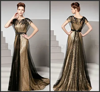 New Fashion Scoop Crystal Black Tulle Long Evening Dress Gold Sequn Lace Long A line Elegant Evening Gowns Custom Make
