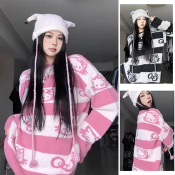 Sanrioed Anime Kawaii Hellokittyed Sweater Girls Winter Cute Cartoon Plush Loose Round Neck Hoodie Top Girls Dovanos