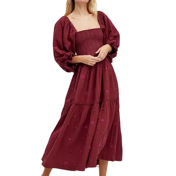 Moterys Ilgos suknelės Vakarinis vakarėlis Pavasario rudens drabužiai 3D siuvinėta gėlė Kvadratinis kaklas Pūstos rankovės Mada Suknelė be nugaros