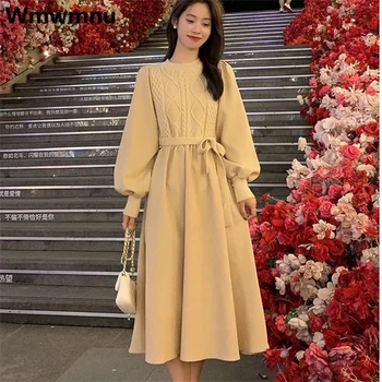 Sutirštinkite šiltą A linijos Midi megztą suknelę Korėjietiškai madingos trikotažo suknelės Moteriškos suvarstomos Vestidos Elegantiškas rudens žieminis megztinis Chalatas