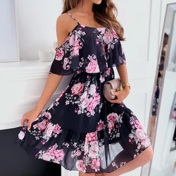 Moteris 2023 Gėlių rašto suknelė Vasaros mada Spagečių dirželis nuo pečių Suknelės be rankovių Atostogų A-Line tinklinis audinys Vestidos