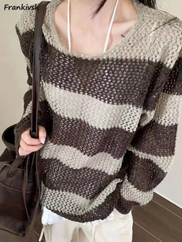dryžuoti megztiniai Moterys Rudens kontrastas Spalva Tuščiavidurė europietiško stiliaus Hotsweet Ladies Trikotažas High Street Visų rungtynių megztiniai